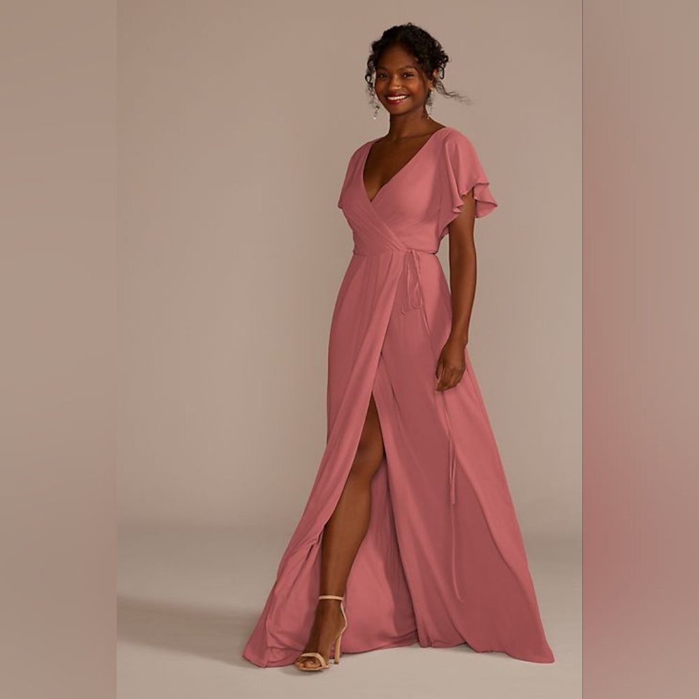 David's Bridal flutter sleeve georgette wrap bridesmaid dress
